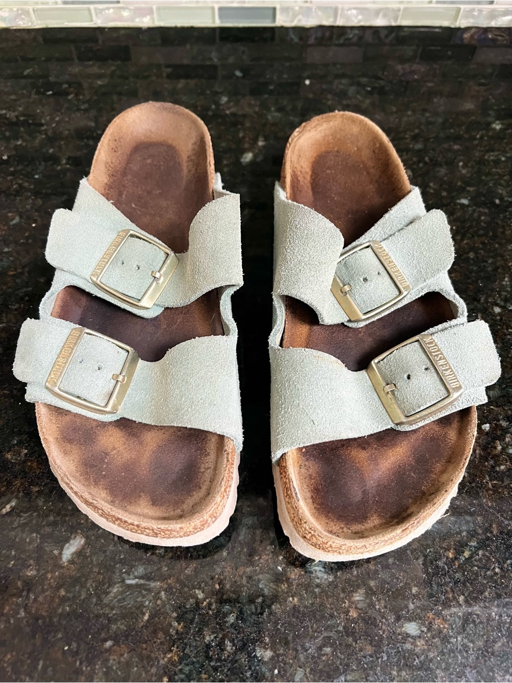 Birkenstock Women’s Two-Strap Suede Sandals in Baby Blue with Brass Buckles